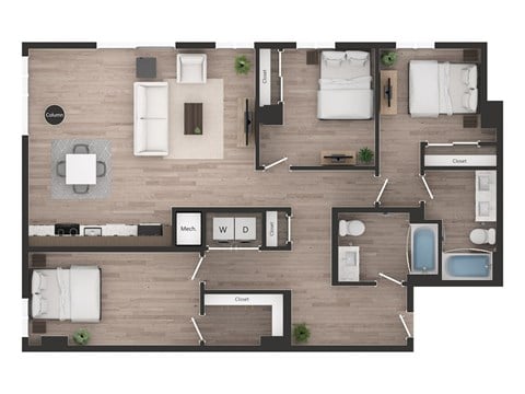 Floor plan for 3 beds, 2 baths, 1445 sqft